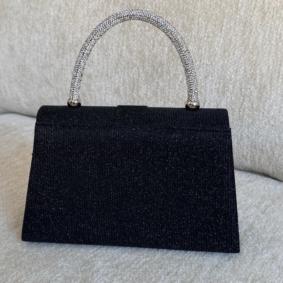 Sincerely Jules Black Evening Bag with Rhinestone Bow & Handle, Silver Clutch - Picture 3 of 11